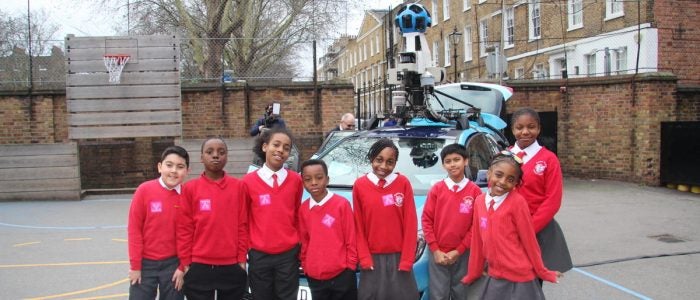 London school kids with Google Street View Car