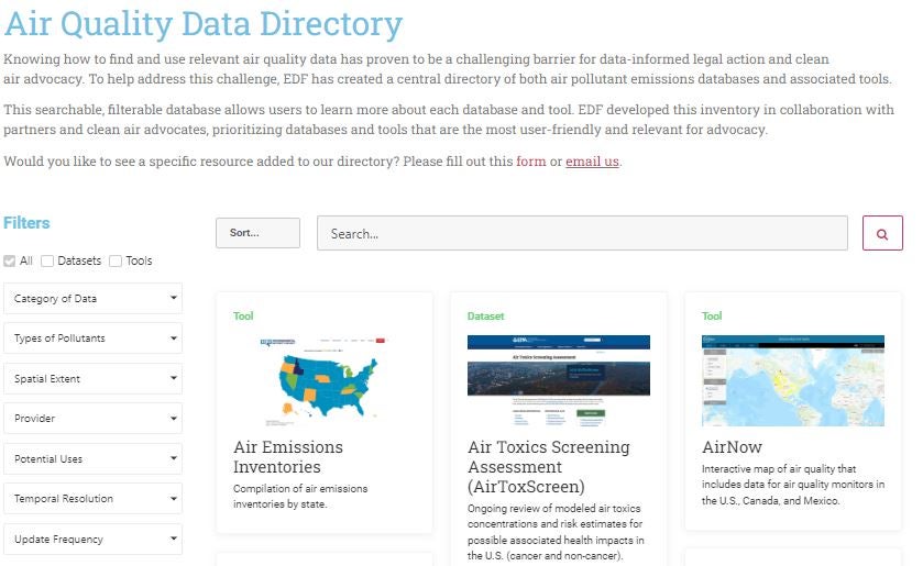 The Air Pollution Data Directory is a filterable and searchable database of air pollution emissions datasets and associated tools intended to help demystify the process of finding and using relevant air quality data.