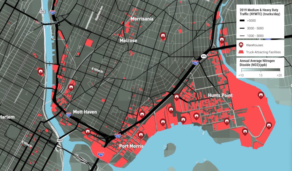 South Bronx Unite's new interactive data story clearly maps the concentration of warehouses and other truck-attracting facilities in the South Bronx and other parts of New York City. It also maps the associated disproportionate health burden borne by the community, including higher childhood asthma rates.